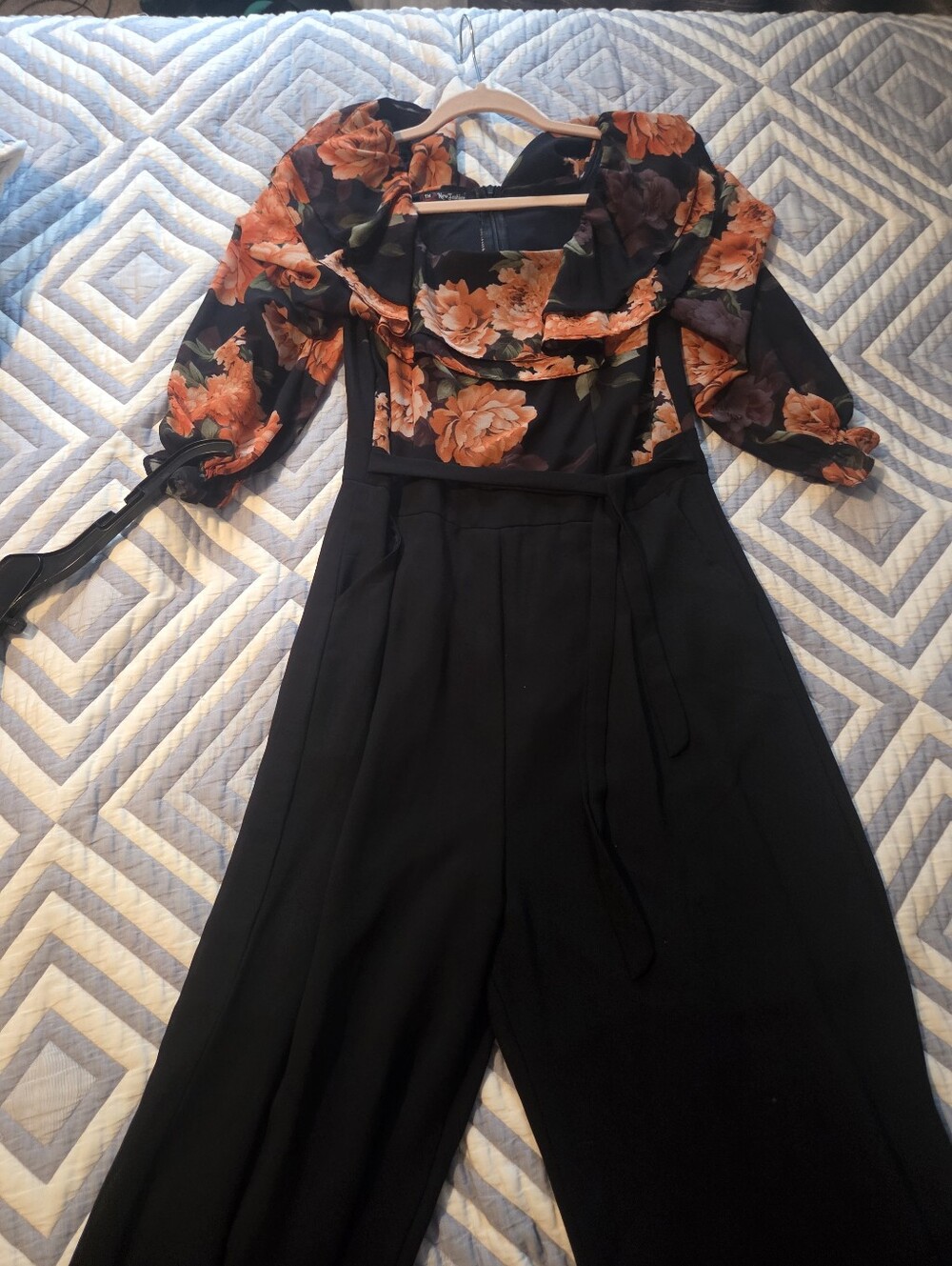 Black Jumpsuit with Orange Floral Bodice